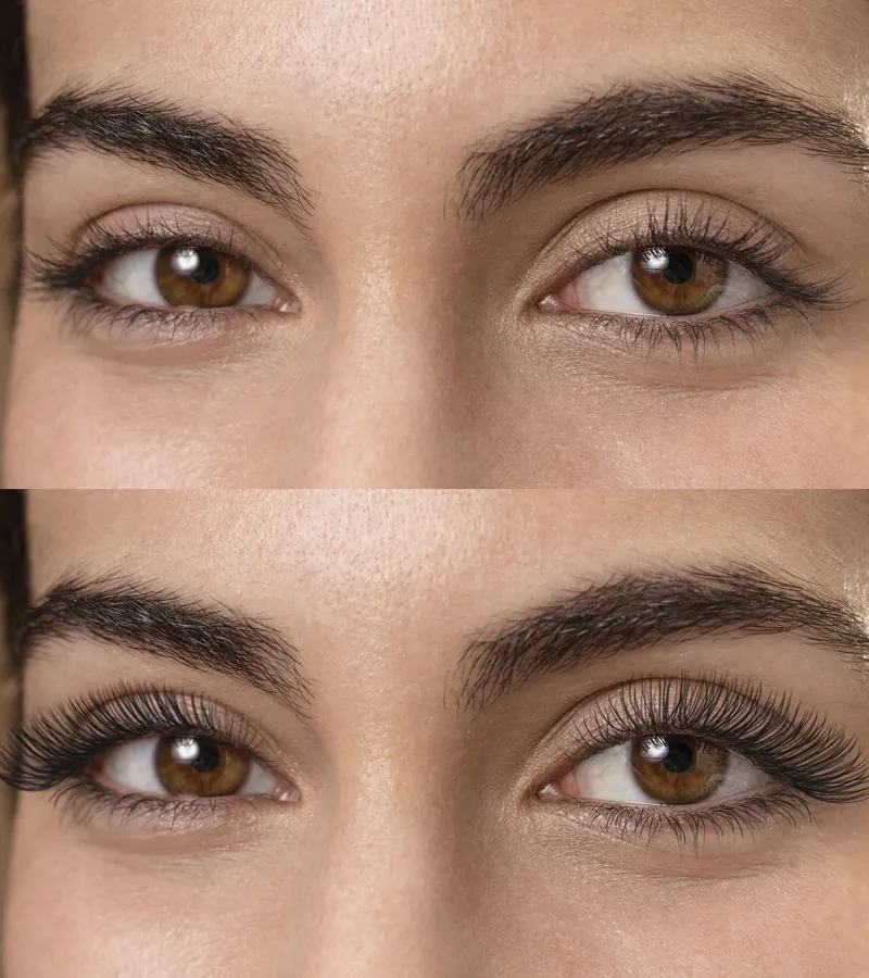Comparison of eyes with shorter lashes above and fuller lashes below