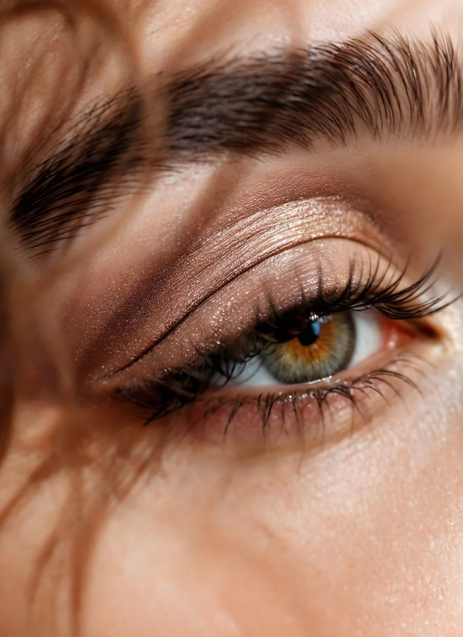 Close-up of a hazel eye with long, defined lashes and a groomed brow